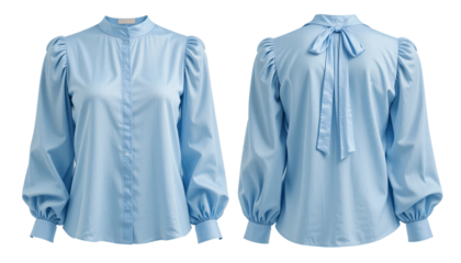 Elegant light blue blouse with puffed sleeves,  front and back set isolated on a white background. transparent background