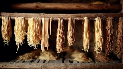 Fresh Pasta Drying on Rack in Rustic Kitchen Setting