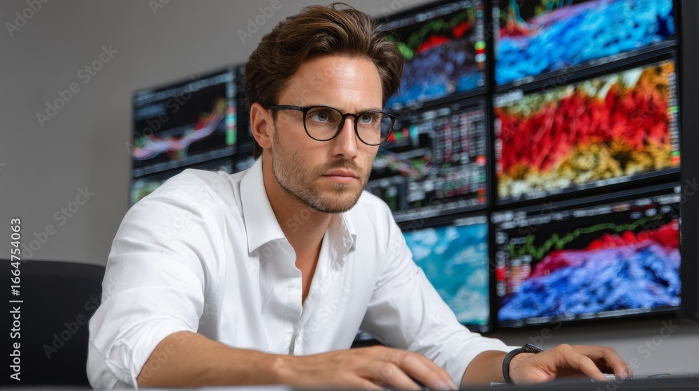 Aufkleber focused business analyst analyzing data on multiple screens in bright office environment