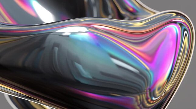 Iridescent liquid metal abstract background with neon holographic reflections. Metallic color fluid flow animation.