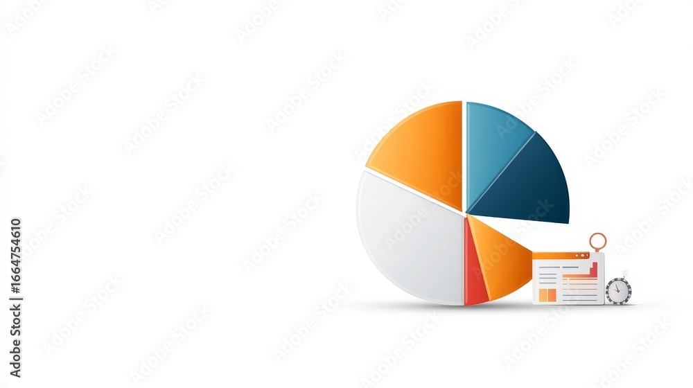 Poster pie chart graphic with data analysis elements on a clean background