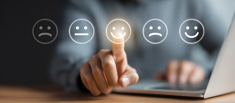 a man using a laptop, his finger pointing to a virtual smiley face with various emotion signs like happy, sad, or neutral, representing customer experience satisfaction