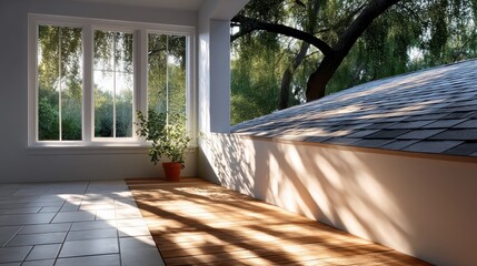 Sunlit interior space with tiled floor, wooden deck section, potted plant, large window showcasing lush green trees and a sloped roof outside.  Sunlight streams in, casting dappled shadows