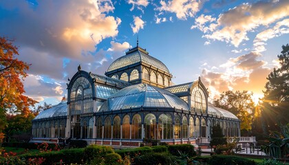 Ornamental Glasshouse at Sunset, Park Setting, Architectural Detail.