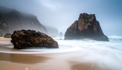 Coastal rocks, misty beach, dramatic waves, dramatic sky.