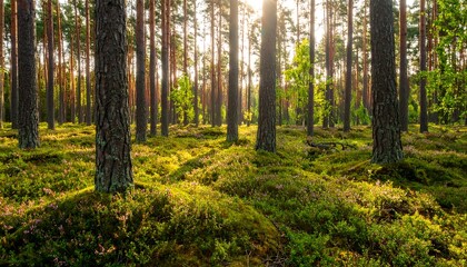 Fototapeta premium Sunlight streams through a dense coniferous forest, illuminating the mossy floor below.