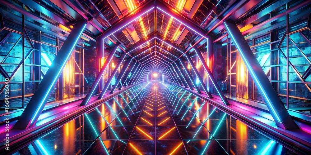 Poster abstract futuristic tunnel with neon lights, perfect for technology backgrounds and scifi themes, cr