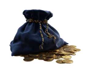 Treasure hoard discovery vintage coin bag high-detail isolated on transparent background, png
