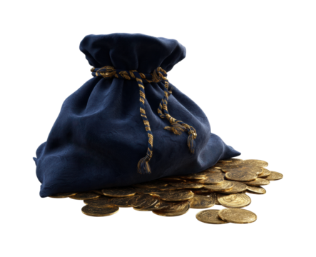 Treasure hoard discovery vintage coin bag high-detail isolated on transparent background, png