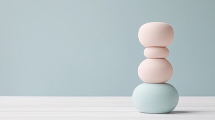 Delicate pastel colored zen stones stacked in balance against a soft blue background