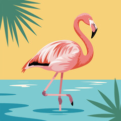 Fototapeta premium Pink flamingo standing in tropical water vector illustration