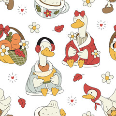 Seamless pattern of cute fall goose dressed in scarves, hats, and pumpkin accents, bringing cozy autumn vibes with flowers and warm seasonal charm