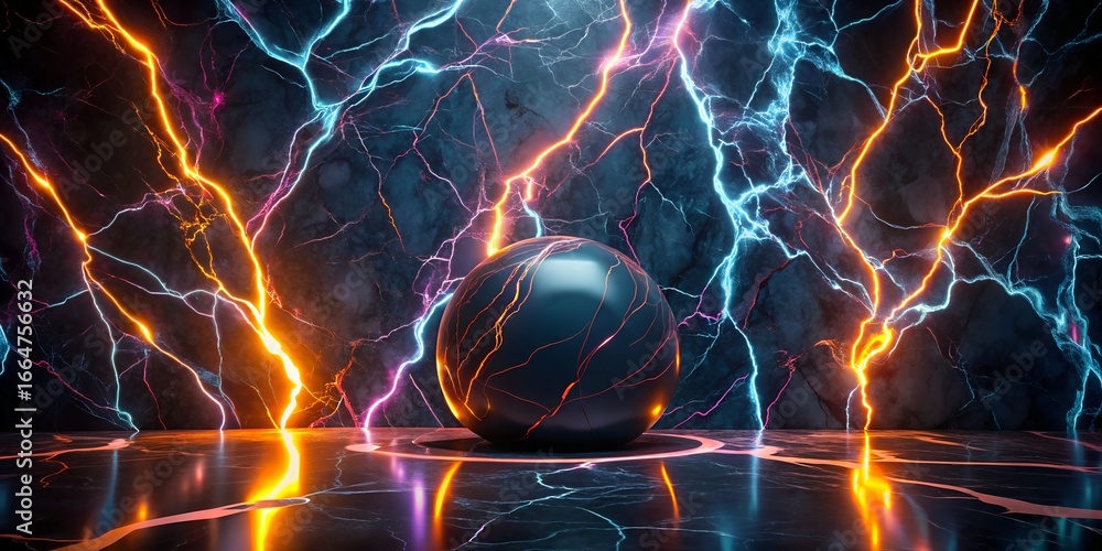 Poster mysterious sphere surrounded by lightning strikes, creating a powerful and energetic abstract backgr
