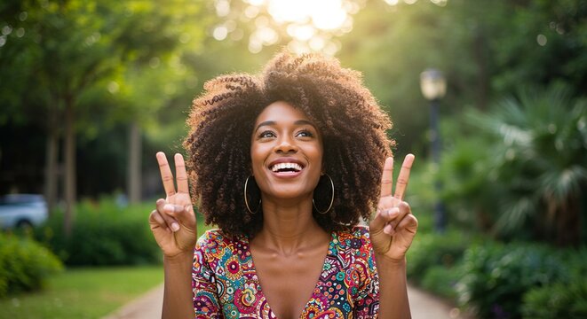 Smiling woman with afro outdoors making peace sign with both hands - Powered by Adobe
