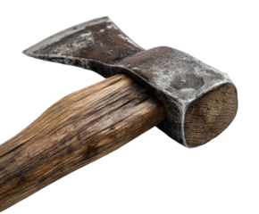 Chopping wood action with an axe workshop tools in nature isolated on transparent background, png