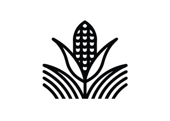 Vector art of simple black and icon representing a corn cob with leaves, symbolizing agriculture and harvest