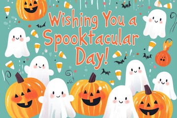 Halloween Post Card with Spooky Ghosts and Text &rdquo;Boo Happy Halloween&rdquo; Poster. Halloween Greeting Card with Cute Ghosts and Copy, Text. Halloween Party Invitation Card with Copy, Text.