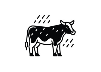 Vector art of a black and icon of a cow standing in the rain, representing farm life, agriculture, and weather conditions