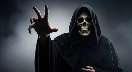 The grim reaper, a hooded figure with a skull face, reaching out with a skeletal hand in the darkness