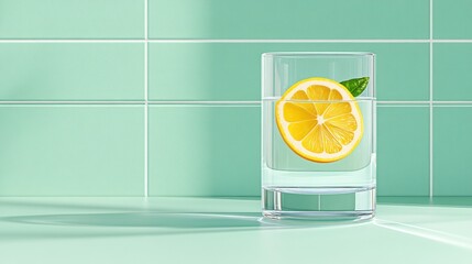 Refreshing Lemon Water in a Glass Against a Mint Green Tile Background