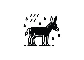 Vector art of stylized black icon of a donkey in the rain a with diagonal lines and drops
