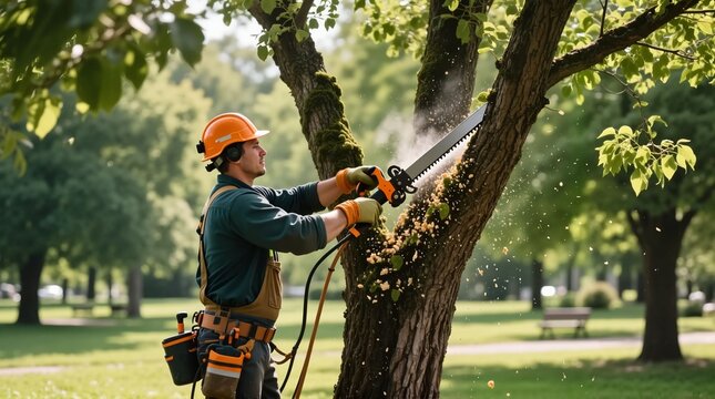 Tree worker pruning branches with chainsaw in sunny park  