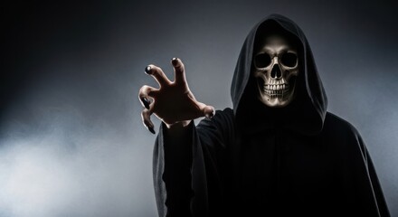 The grim reaper with a skeleton face and hooded figure reaching out with a claw hand