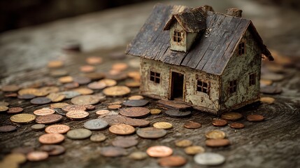 Toy House Surrounded by Coins on Wooden Surface Saving Concept