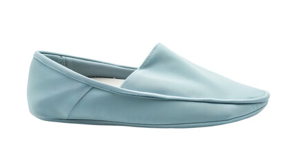 Illustration of light blue leather slipper, a stylish and comfortable footwear option for indoor relaxation, isolated on transparent background