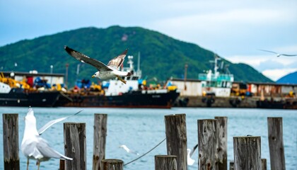 A seagull soars through the air above a harbor filled with ships, with wooden pilings in the foreground.