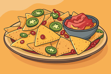 A delicious plate of nachos smothered in melted cheese and topped with jalapeños.
