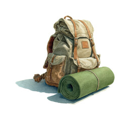 Adventure gear backpack and roll mat for exploration nature isolated on transparent background, png