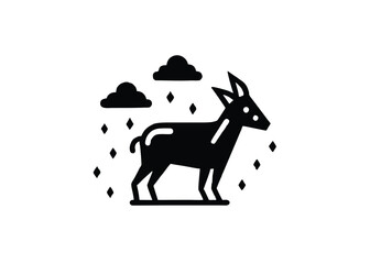 Vector art of silhouette of an antelope or gazelle standing under a stormy sky with rain and clouds, representing resilience and survival