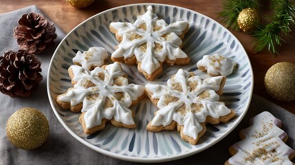 Fototapeta premium Delicious snowflake cookies decorated with icing and festive ornaments on table