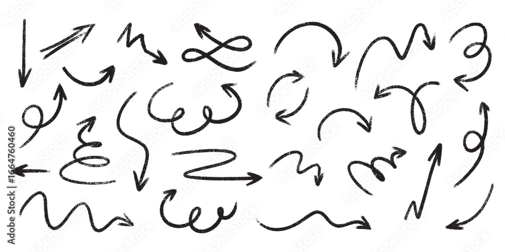 Poster hand drawn arrow set with crayon texture - curved and straight, spiral and wavy directional pointers