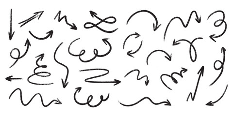 Hand drawn arrow set with crayon texture - curved and straight, spiral and wavy directional pointers for navigation or infographic design. Black sketchy marks on white bg for web and print projects.
