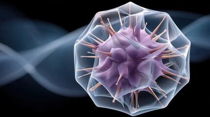 A biological rendering depicts a virus structure within a protective, geometric cage, highlighted against a flowing, dark background