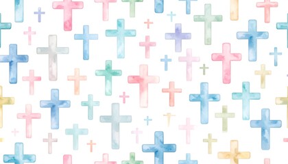 A cheerful, colorful pattern features numerous watercolor crosses in pastel shades on a white background.