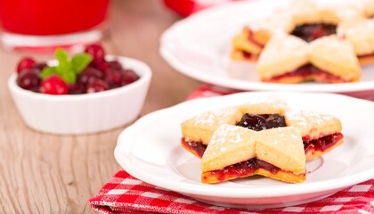Star-shaped cookies filled with sweet cherry jam, dusted with powdered sugar, displayed on a white plate, creating a delightful dessert image.