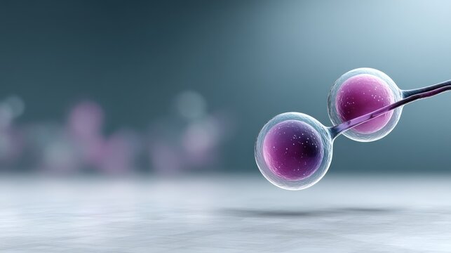 Two vibrant purple cells, connected by a thin, translucent tube, are centered against a soft teal background. Blurred pink cells float in the background