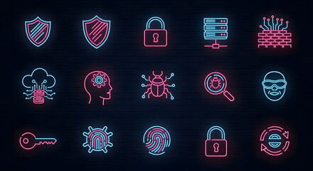 Futuristic neon glowing icon set representing cybersecurity, data protection, hacking, and digital threats