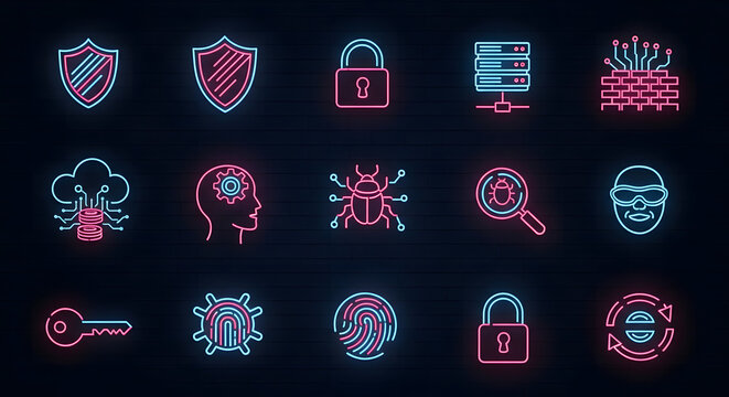 Futuristic neon glowing icon set representing cybersecurity, data protection, hacking, and digital threats