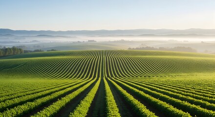 Fototapeta premium Wide-angle landscape photograph of rows of vibrant green grapevines extending to a misty valley under a bright, clear morning sky.