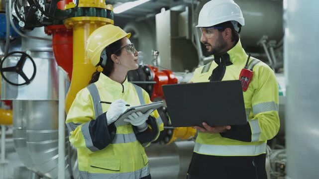Foreman and Engineer Plan System Upgrade  Construction foreman and engineering manager discussing plans while examining the existing industrial air conditioning system