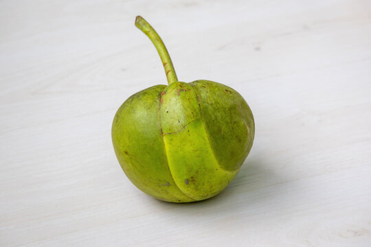 Fresh Chalta (Dillenia indica) fruit, also known as elephant apple, on a light wooden surface. This tropical Indian fruit is great for unique culinary use.