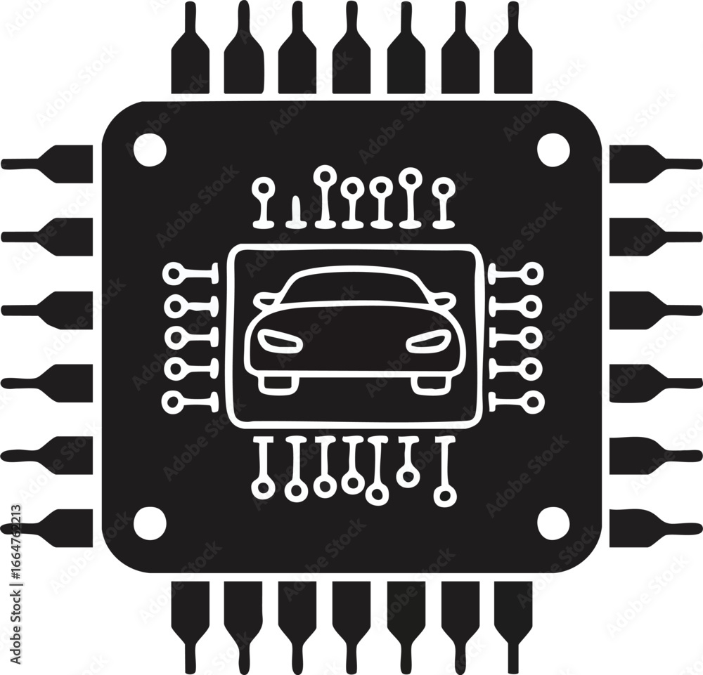 Poster automotive chip with car icon electronic system artificial intelligence control outline circuit netw