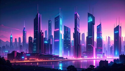 Futuristic Neon Cityscape with High-Rise Buildings.