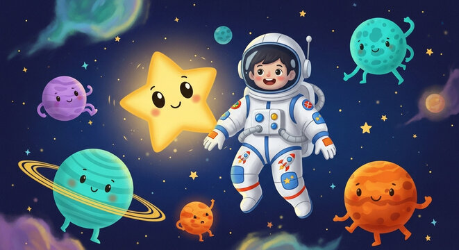 A happy astronaut child floats in space among cute planets and a smiling star.