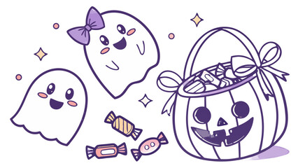 Purple Themed Girly Halloween Scene: Smiling Pumpkins, Ghosts, and Candy, Sweet and Spooky 