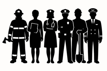 Silhouette of various professions standing together as a symbol of society's essential roles 